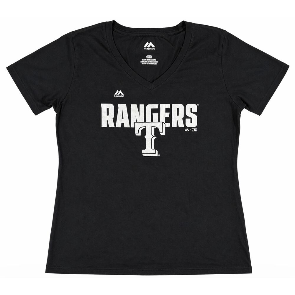 Majestic Texas Rangers Women’s Large Black V-Neck T-Shirt NWOT MLB Graphic Tee